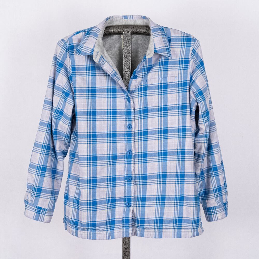 LL Bean Women's Fleece Lined Flannel Shacket Shirt Jacket Blue Plaid Size MEDIUM